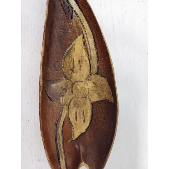 Vintage Handcarved Wood Abstract Floral Design Trinket Dish Decor Mid Century - Picture 2 of 7
